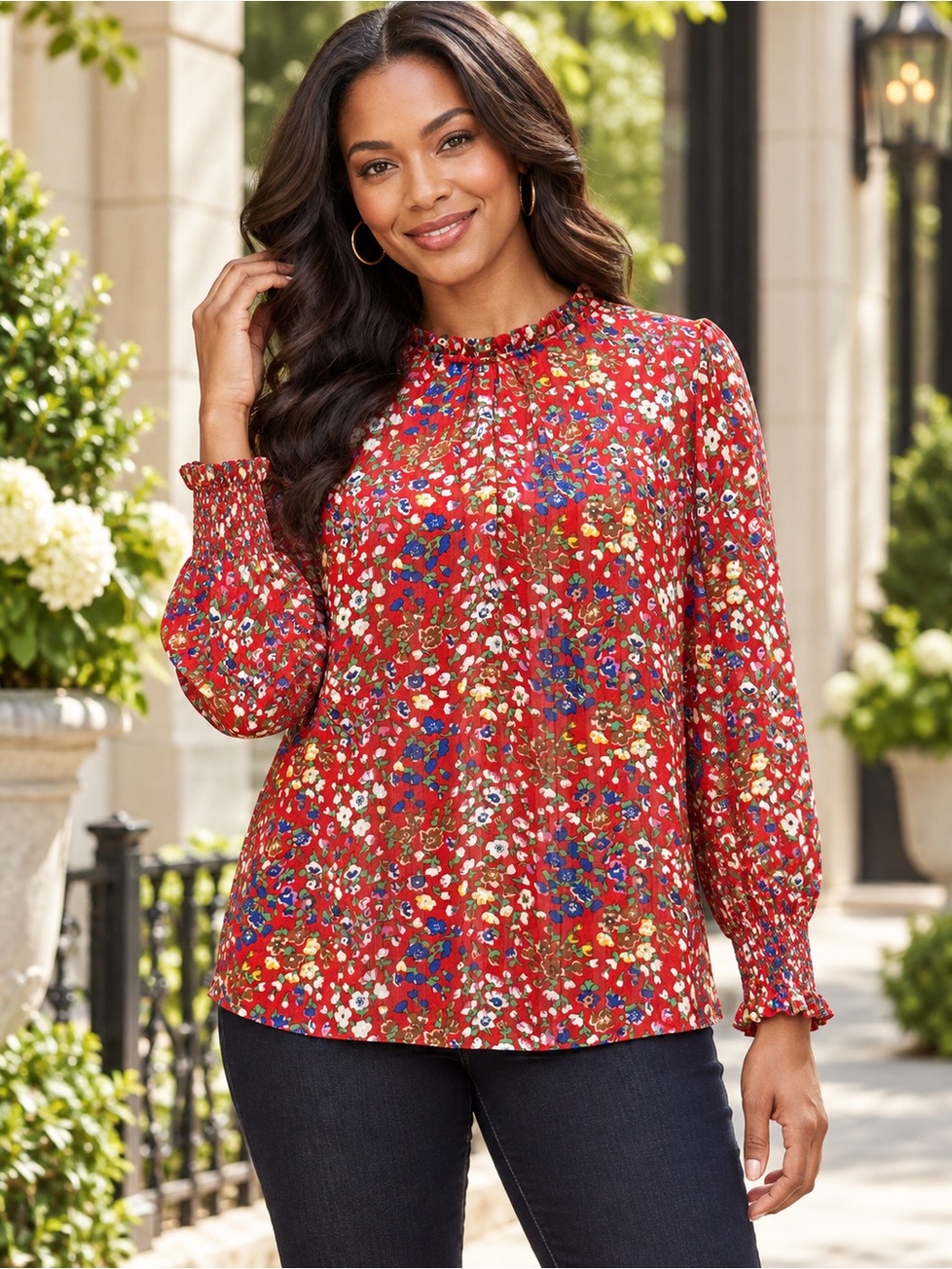 Rachel Zoe Women Red Floral Ruffle Mock Neck Smocked Cuff Sheer Blouse Boho L